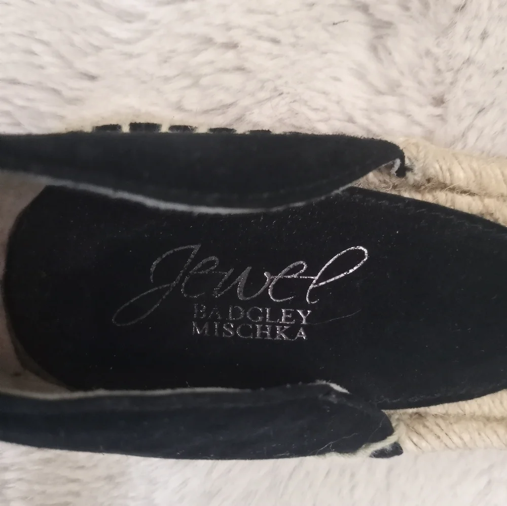 Jewel Badgley Mischka Black Suede Strappy Espadrilles with Buckle Ankle Strap